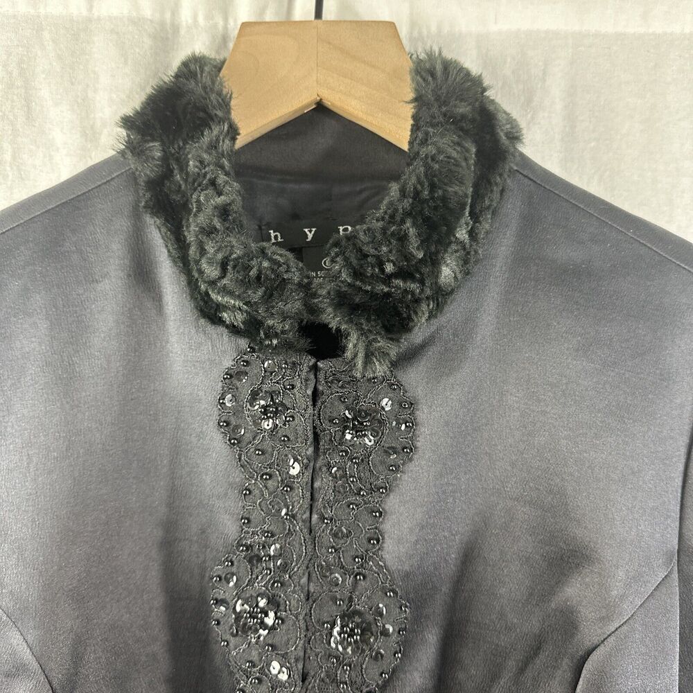 Hype Vintage Faux Fur Sequin Trim Black Silk Goth Evening Long Jacket Womens 8 - Picture 6 of 15